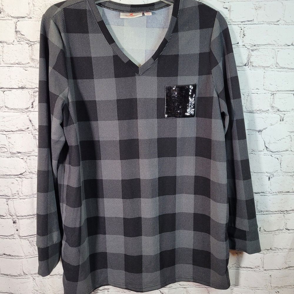Quacker Factory, Black/Gray Buffalo Check Long‎ Sleeve Shirt, Size M